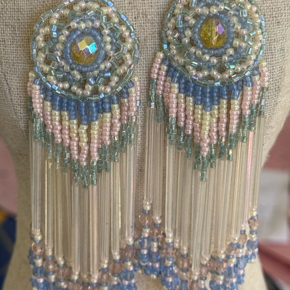 Unique Beaded Wedding Earrings in White and Soft Pastel Palette